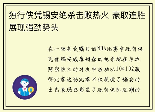 独行侠凭锡安绝杀击败热火 豪取连胜展现强劲势头