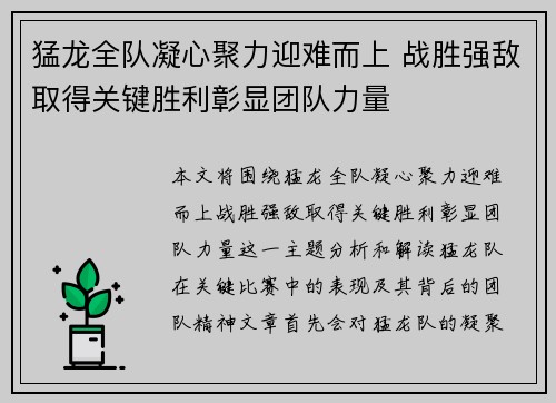 猛龙全队凝心聚力迎难而上 战胜强敌取得关键胜利彰显团队力量