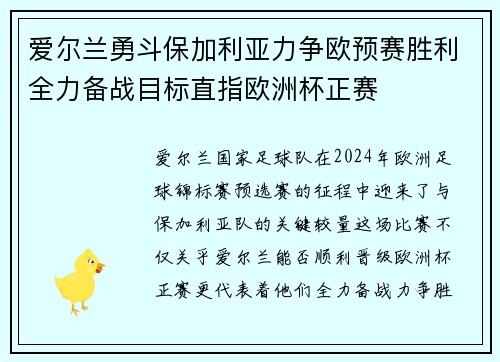 爱尔兰勇斗保加利亚力争欧预赛胜利全力备战目标直指欧洲杯正赛