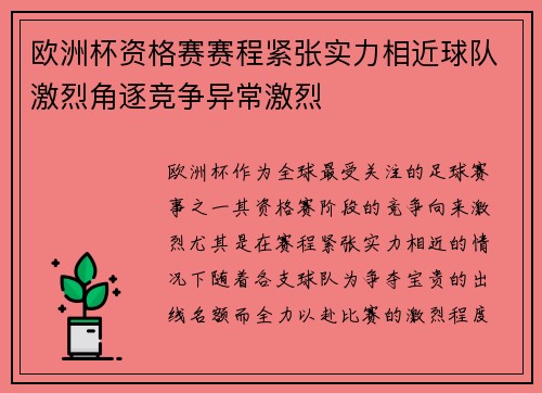 欧洲杯资格赛赛程紧张实力相近球队激烈角逐竞争异常激烈