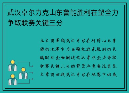 武汉卓尔力克山东鲁能胜利在望全力争取联赛关键三分