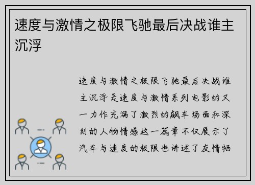 速度与激情之极限飞驰最后决战谁主沉浮