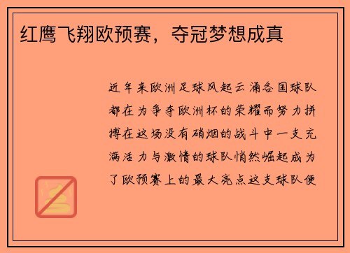 红鹰飞翔欧预赛，夺冠梦想成真