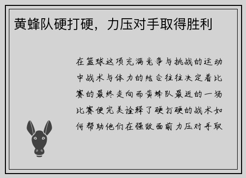 黄蜂队硬打硬，力压对手取得胜利