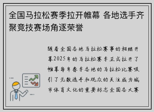 全国马拉松赛季拉开帷幕 各地选手齐聚竞技赛场角逐荣誉